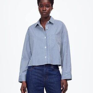 Madewell straight hem poplin button down, blue and White Stripe, size XL